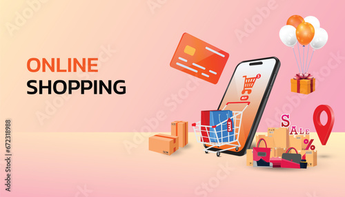 online shopping concept, e-commerce, flash sale, discount, payment cashless, digital, flat illustration vector, the concept of online shopping on social media app, Shopping Online on Website or Mobile