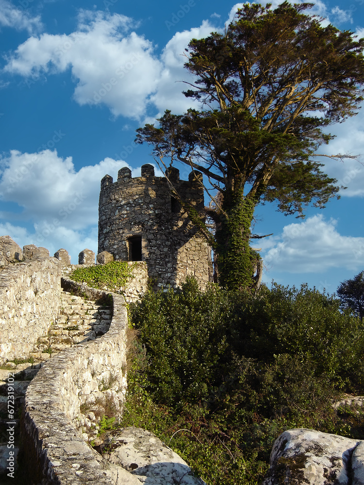 Medieval Castelo dos Mouros aka Castle of the Moors in Sintra, Portugal. Watchtower and defensive wall