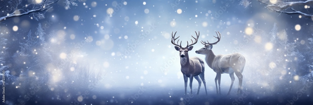 A majestic Christmas festive deer sparkles with lights and snowflakes  in a winter wonderland, banner background xmas card, copy space for text