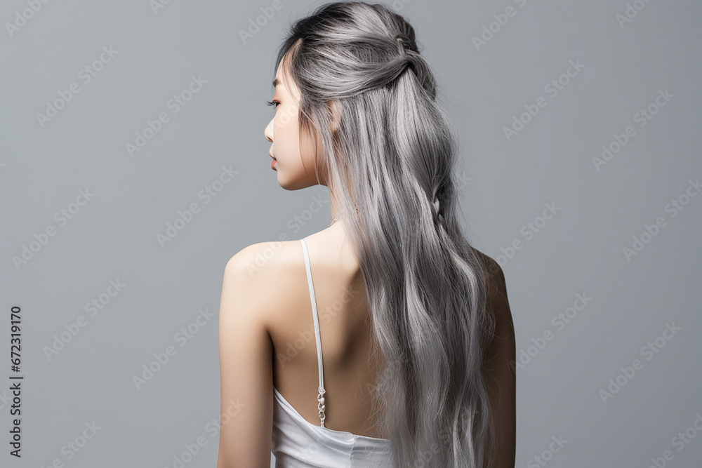 The rear view of a young woman with sleek, silver long hair ...