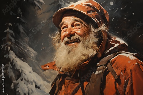 Portrait of Santa, he is cheerful and joyful, winter, snow covered forest