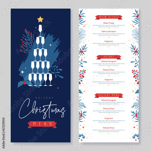 Restaurant Christmas holiday menu design with pyramid of champagne glasses and floral  desoration. Vector illustration photo