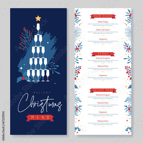 Restaurant Christmas holiday menu design with pyramid of champagne glasses and floral  desoration. Vector illustration