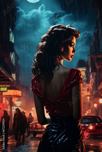 Portrait of a beautiful fashionable woman with a hairstyle, in a city street, at night, car, road and moon. Illustration poster in the style of 1960