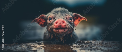 Happy as a pig in mud, pink piglet all smiles and joyful being as dirty as possible and head deep in muck - closeup portrait farm animal. photo
