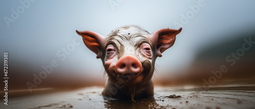 Happy as a pig in mud, pink piglet all smiles and joyful being as dirty as possible and head deep in muck - closeup portrait farm animal. photo