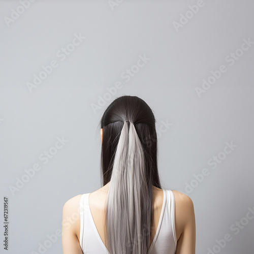 The rear view of a young woman with sleek, silver long hair, photographed in a studio with a white background and professional lighting. Generative AI.