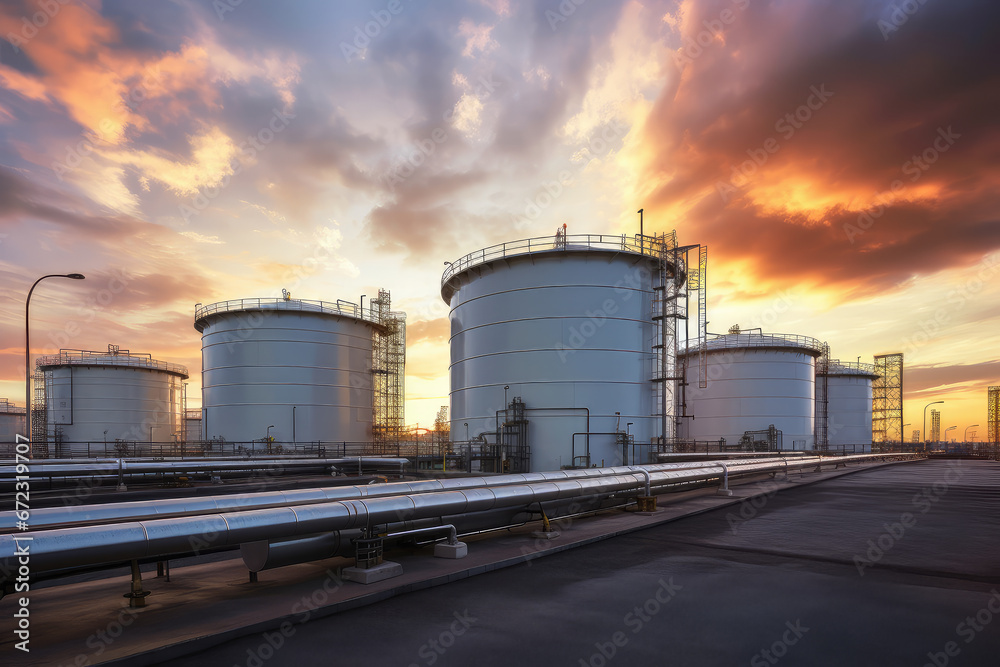 Petrochemical factory equipped with storage tanks, the backbone of energy infrastructure. Industrial technology in energy production and oil demand price chart concepts. Wide banner with copy space. Petrochemical factory equipped with storage tanks, the backbone of energy infrastructure. Industrial technology in energy production and oil demand price chart concepts. Wide banner with copy space.