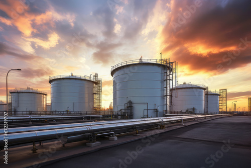 Petrochemical factory equipped with storage tanks, the backbone of energy infrastructure. Industrial technology in energy production and oil demand price chart concepts. Wide banner with copy space.