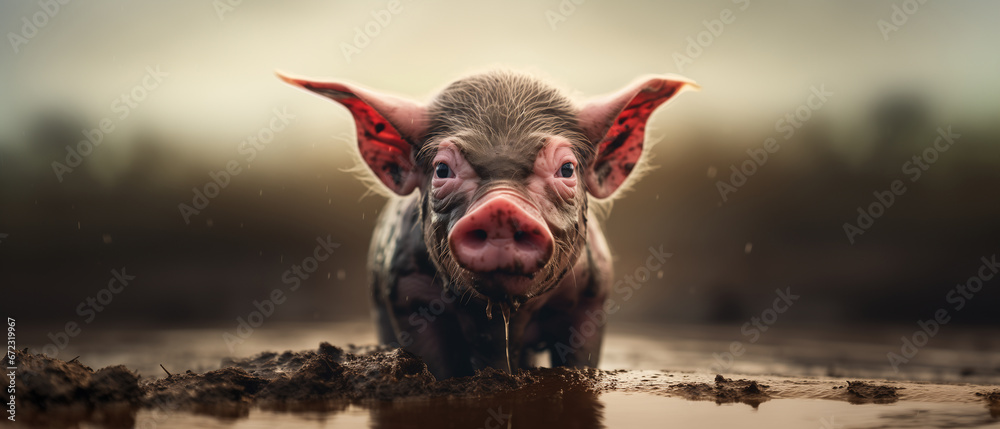 Happy as a pig in mud, pink piglet all smiles and joyful being as dirty as possible and head deep in muck - closeup portrait farm animal. - obrazy, fototapety, plakaty 