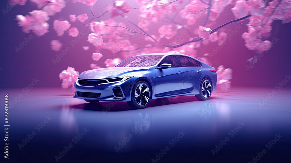  a blue car parked in front of a tree with pink flowers.  generative ai