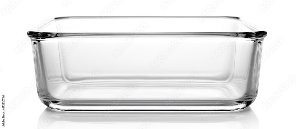 A clear baking dish devoid of contents sits alone on a white backdrop - obrazy, fototapety, plakaty 