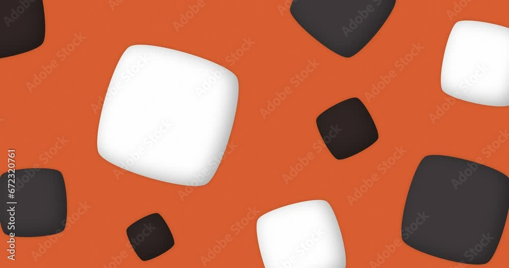Abstract background of flat rotating and levitating curved square background. Multicolor animated shape background. Seamless looped motion graphics background black white orange color. Abstract background of flat rotating and levitating curved square background. Multicolor animated shape background. Seamless looped motion graphics background black white orange color.
