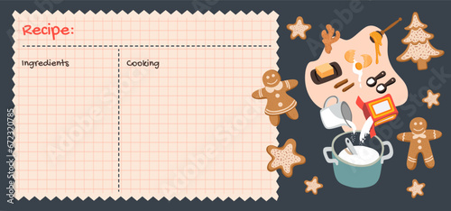 Recipe cards. Culinary book blank pages. Ginger cookies recipe illustration.