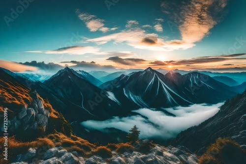 A mountain vista with swirling clouds