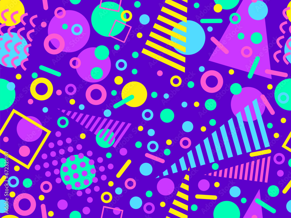 Fototapeta premium Memphis seamless pattern with geometric shapes in 80s and 90s style. Geometric shapes of different shapes and colors. Design of promotional products, wrapping paper and printing. Vector illustration