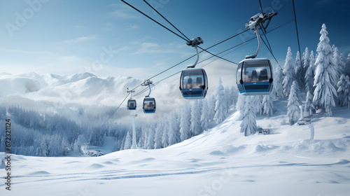 Mountain lift, cable chairlift transport, Ski lift, winter landscape, snow mountains, Winter vacation, alpine landscape, activity, Winter resort concept © elina