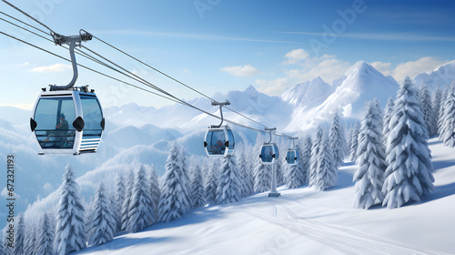 Mountain lift, cable chairlift transport, Ski lift, winter landscape, snow mountains, Winter vacation, alpine landscape, activity, Winter resort concept photo