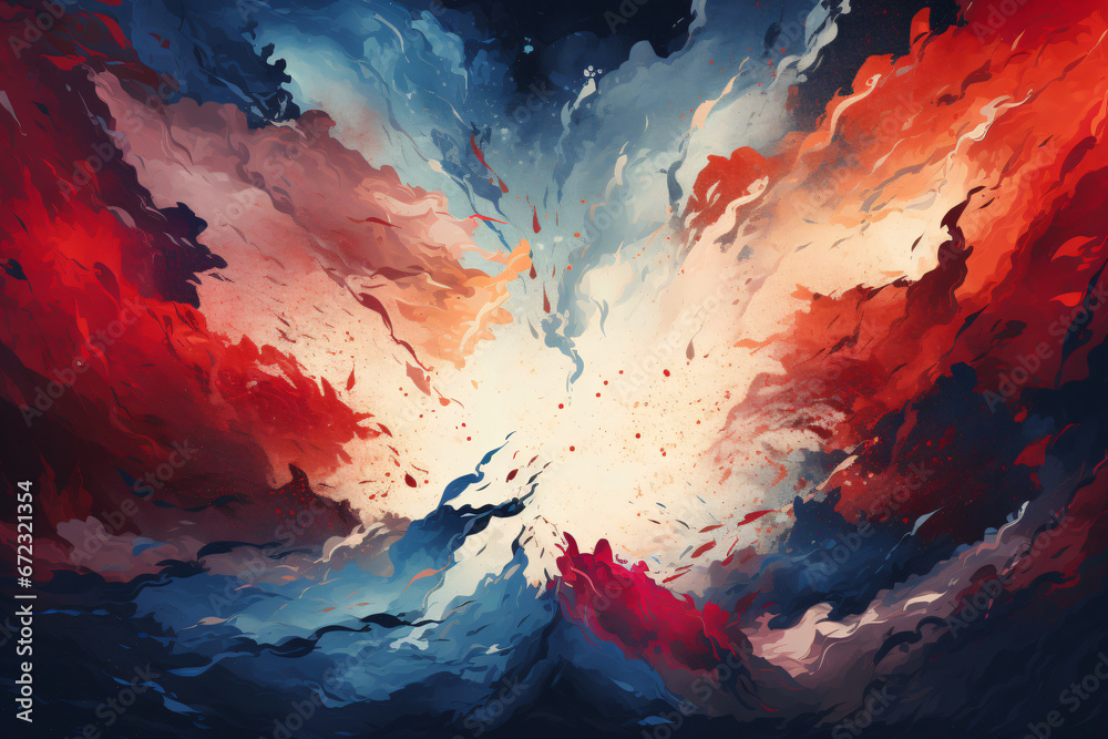 Abstract celestial concept art with dynamic red and blue cloud formations

