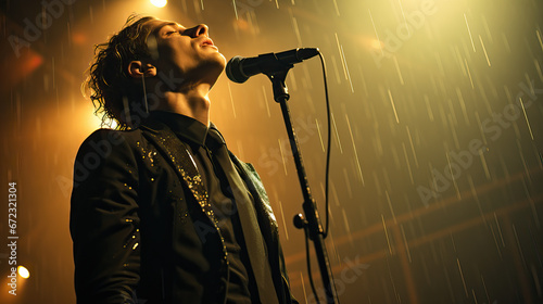 singer on stage with microphone in downpour