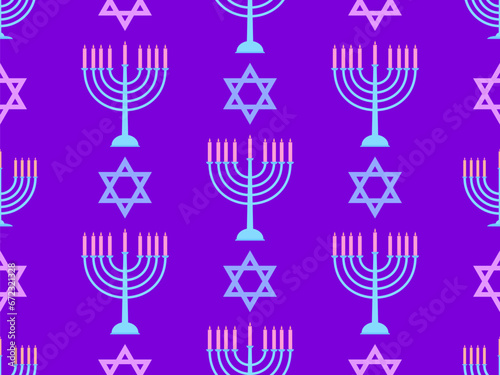 Hanukkah seamless pattern with Menorah with nine candles and stars of David. Lighted Hanukkah candles. Design of greeting cards, banners and promotional products. Vector illustration