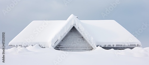 After a substantial snowfall during wintertime the roof of a residence is enveloped in a layer of white snow