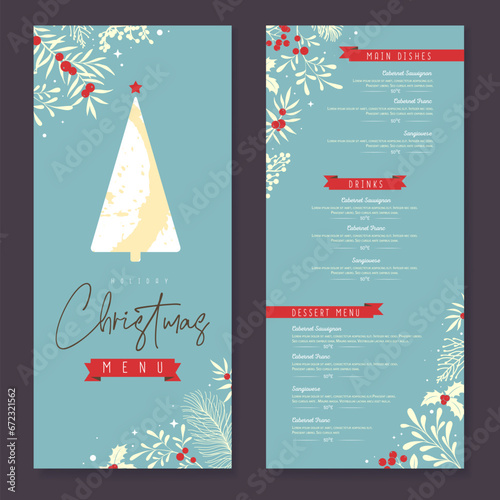 Restaurant Christmas holiday menu design with christmas floral  desoration. Vector illustration