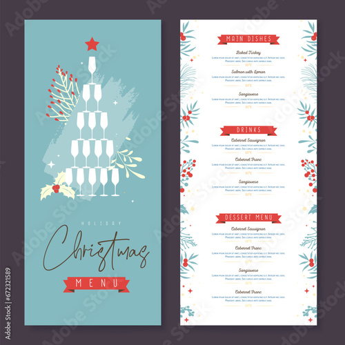 Restaurant Christmas holiday menu design with pyramid of champagne glasses and floral  desoration. Vector illustration photo