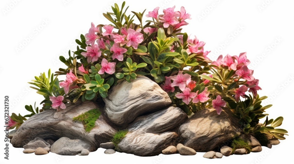 Cutout rock with flowers all around it. White background with a solitary garden design Cutout rock with flowers all around it. White background with a solitary garden design