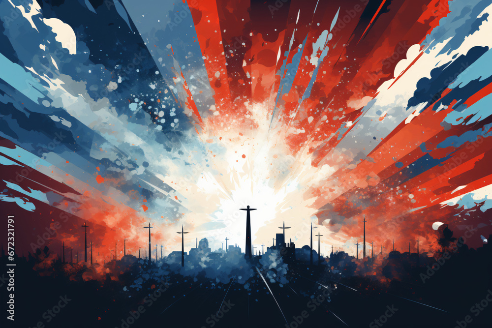 Obraz premium Abstract skyline with explosive colors at dawn or dusk
