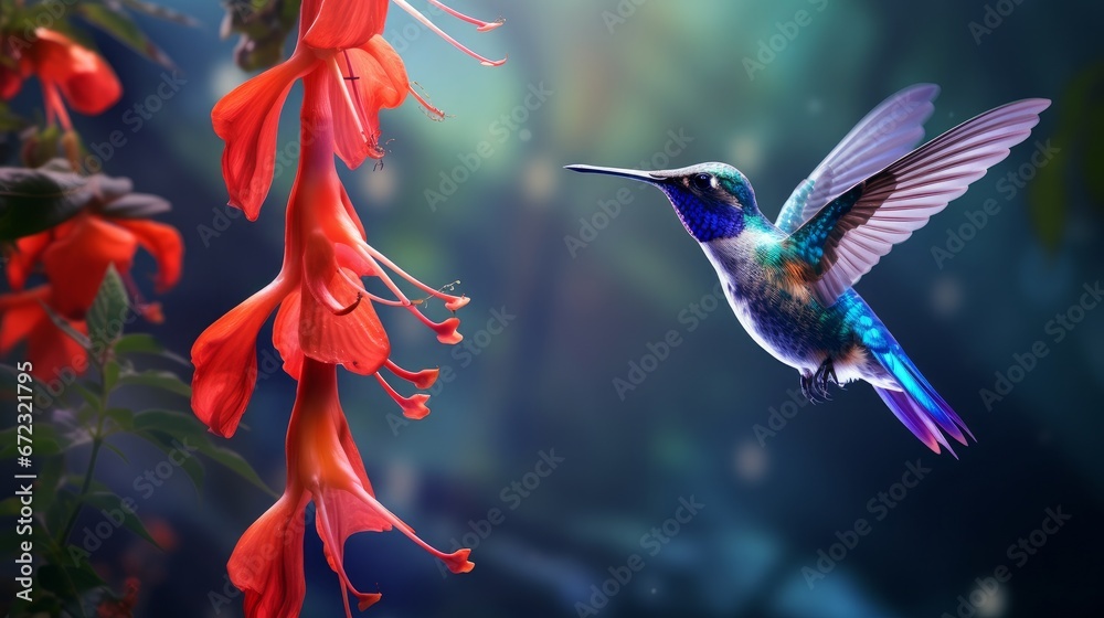 Fototapeta premium Hummingbird in blue Violet Sabrewing soaring beside a stunning crimson blossom. Tiny bird flying in the forest