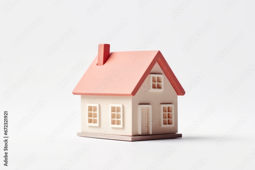 Model of pastel mini house with red roof and chimney on white background Model of pastel mini house with red roof and chimney on white background
