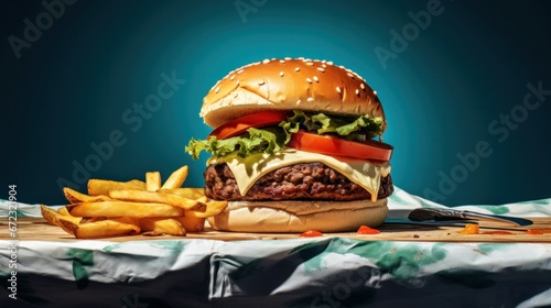 Burger on napkin against background of blue-dappled light photo