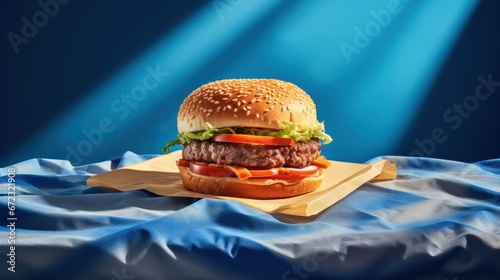 Burger on napkin against background of blue-dappled light photo