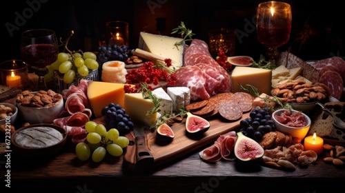 Close-up of a cheese and sausage charcuterie spread on a festive dinner table for a copy space