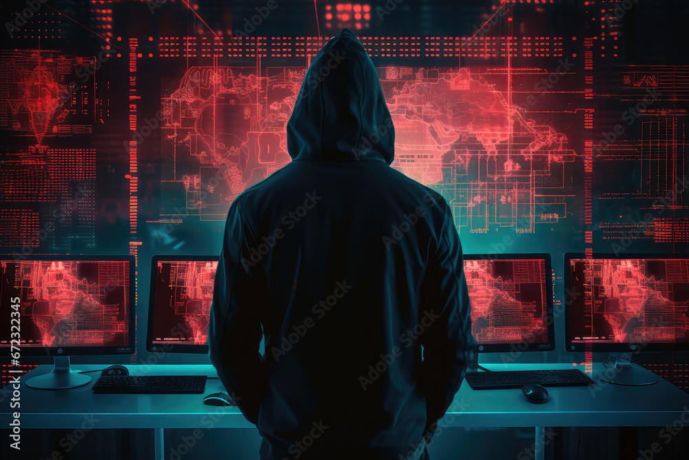The dark side of the digital world with a silhouette of a hacker in a hoodie against a backdrop of digital data. This image conveys the concept of cybersecurity and online protection. The dark side of the digital world with a silhouette of a hacker in a hoodie against a backdrop of digital data. This image conveys the concept of cybersecurity and online protection.