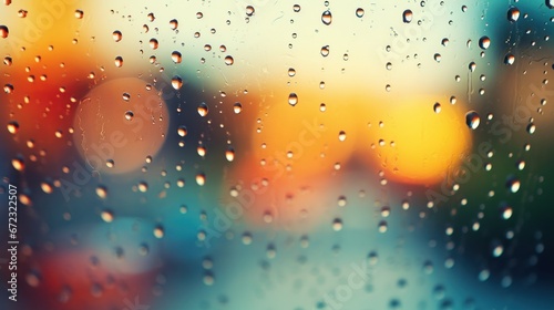 Close-up of a rainy day via a window showing water falling off glass against a hazy, colorful background