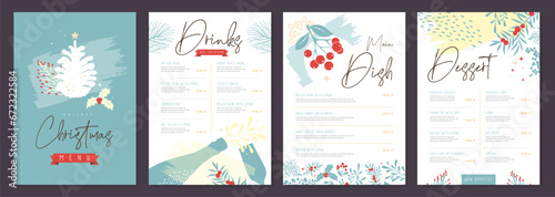 Restaurant Christmas holiday menu design with christmas floral desoration. Vector illustration