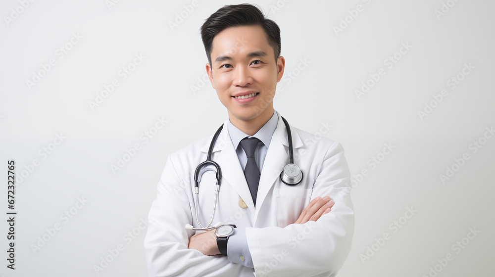 Asian male doctor smiling and crossing arms on a white background Asian male doctor smiling and crossing arms on a white background