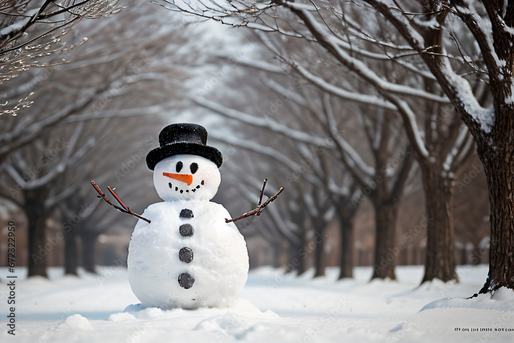 Merry christmas and happy new year greeting card with copy-space.Happy snowman standing in christmas landscape.Snow background.Winter fairytale. christmas snowman on the background of Christmas lights Merry christmas and happy new year greeting card with copy-space.Happy snowman standing in christmas landscape.Snow background.Winter fairytale. christmas snowman on the background of Christmas lights