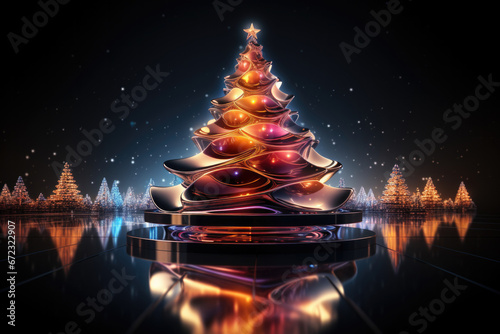 Modern christmas tree with neon lights, black background