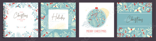 Set of Christmas holiday greeting cards or covers with christmas floral desoration. Vector illustration
