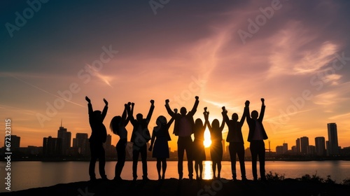 Silhouette of business team stand and feel happy on the most hight at stand on sunset, success, leader, teamwork, target, Aim, confident, achievement, goal, on plan, finish, generate by AI