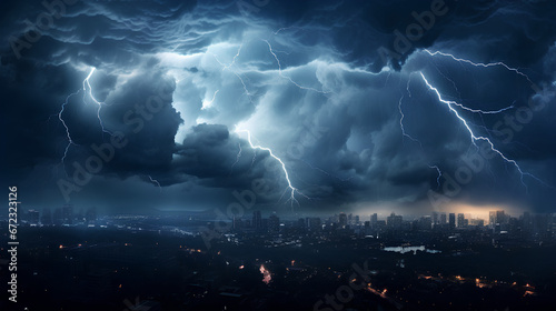 Lightning in the middle of the night, cloudy sky, strong wind over the city