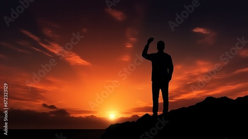 Silhouette of person stand and feel happy on use phone the most hight of technology communication. background sunrise  advertisement  alone  dark