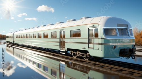 A majestic train glides effortlessly along the railroad tracks, its reflection shimmering in the tranquil waters of the nearby lake