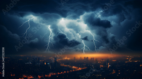 Lightning in the middle of the night, cloudy sky, strong wind over the city