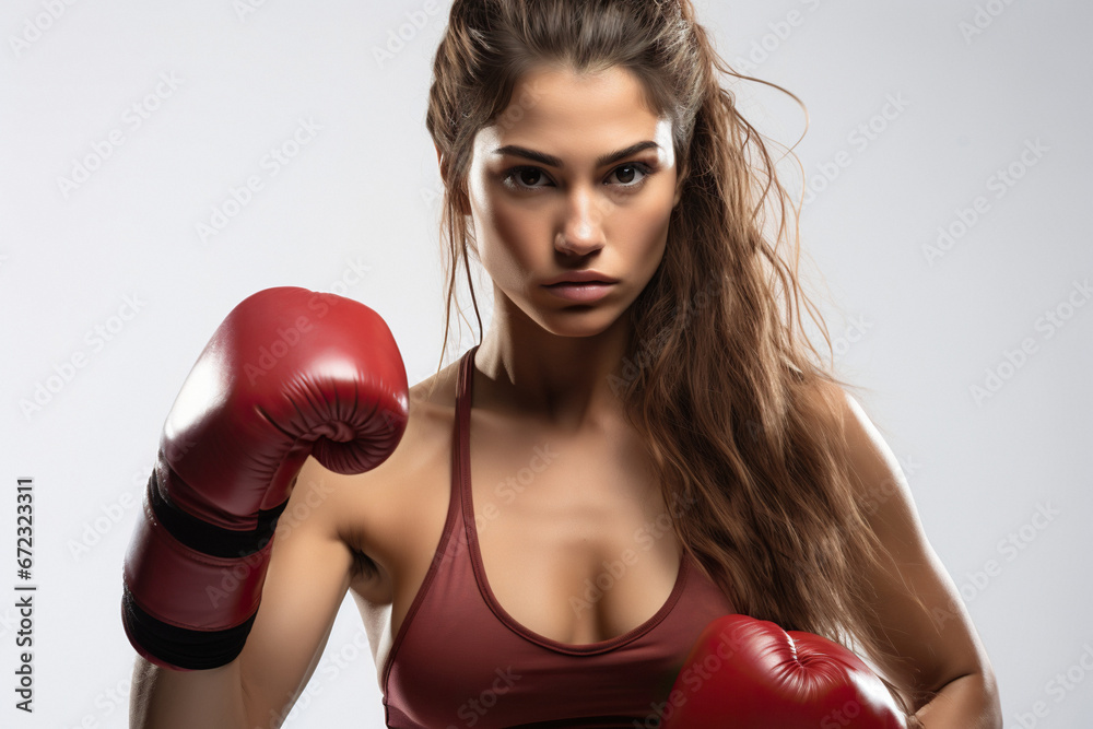 Attractive and confident woman boxer portrait in red gloves isolated on white backgeound Attractive and confident woman boxer portrait in red gloves isolated on white backgeound