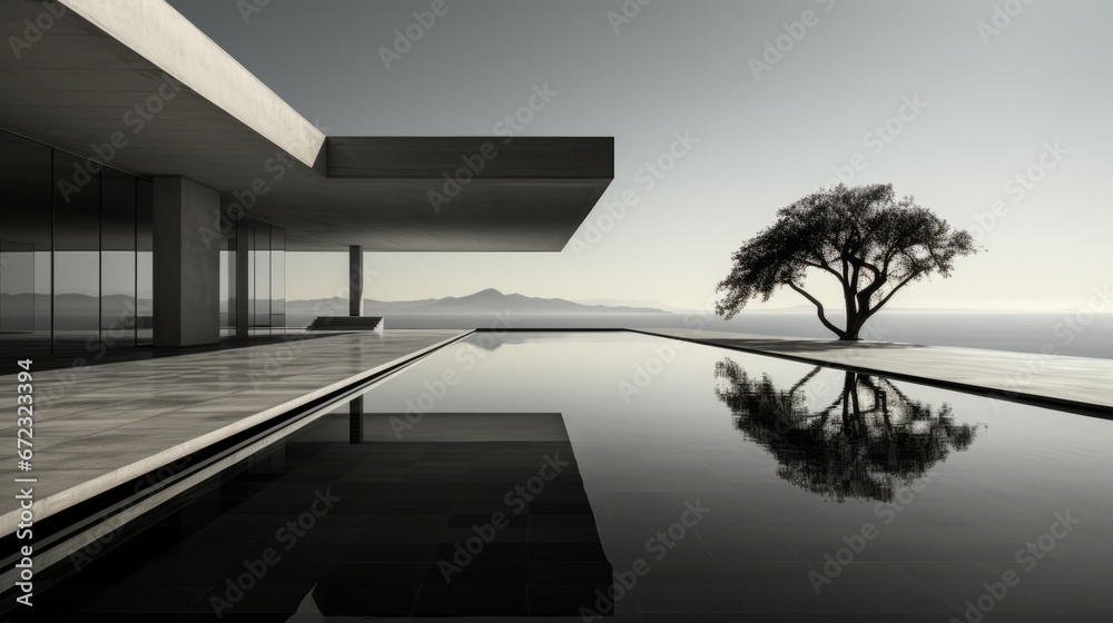 Fototapeta premium Nature and man-made beauty collide in a breathtaking display of harmony as a tree reaches towards the sky, its reflection dancing in the crystal clear waters of the pool