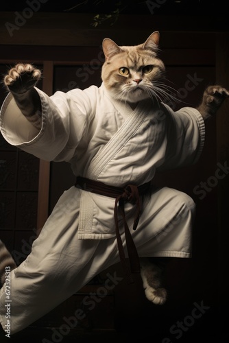 Cat, Karate, Kungfu, Feline, Kung fu, Poster, Martial, Claws, Jumping. BLACK BELT CAT. Extremely trained feline in sports dress and martial belt taken in fighting pose. Paws up. photo